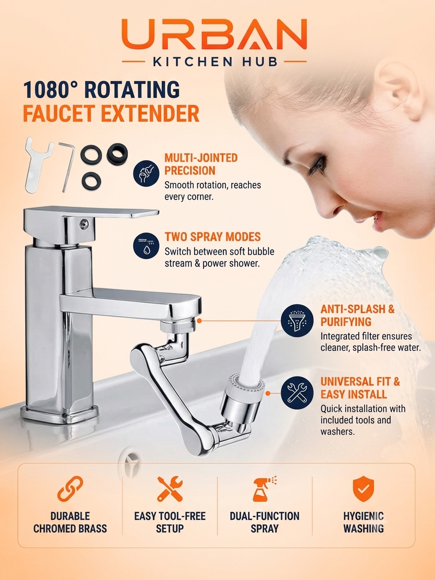 1080° Rotating Faucet Extender | Dual Spray Mode | Splash-Free Water Flow