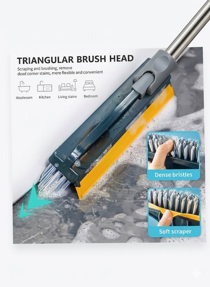 2-in-1 Floor Scrub Brush with Squeegee - 120° Rotating Triangular Head for Deep Cleaning
