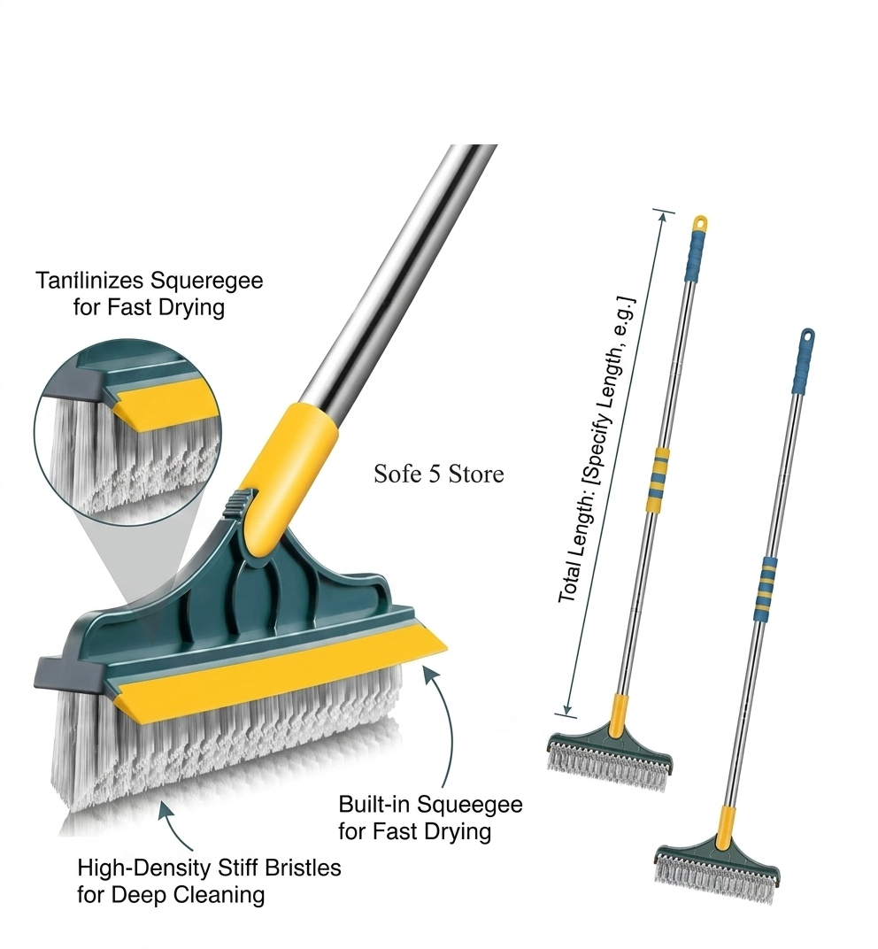 2-in-1 Floor Scrub Brush with Squeegee - 120° Rotating Triangular Head for Deep Cleaning