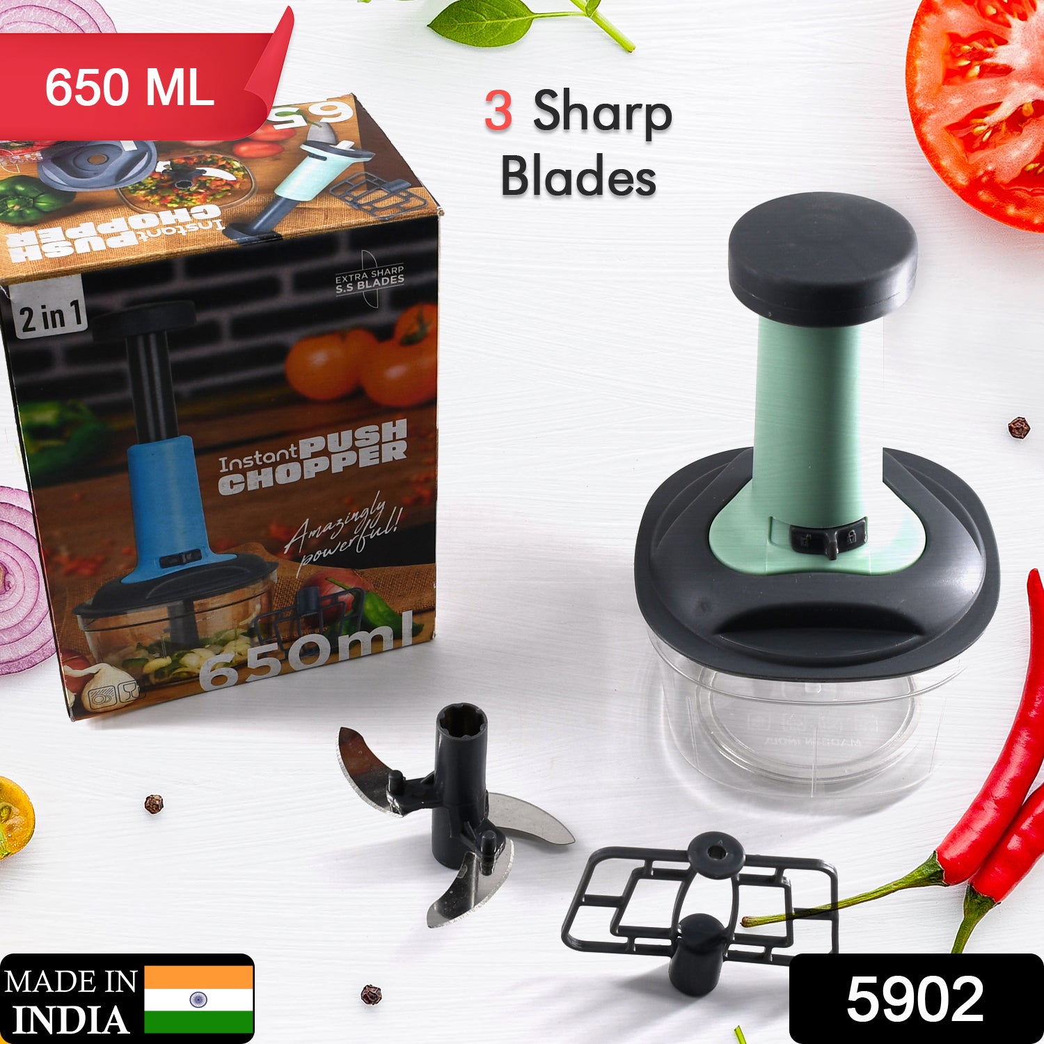 5902 Push Chopper Manual Food Chopper And Hand Push Vegetable Chopper Cutter Mixer Set For Kitchen With 3 Stainless Steel Blade.