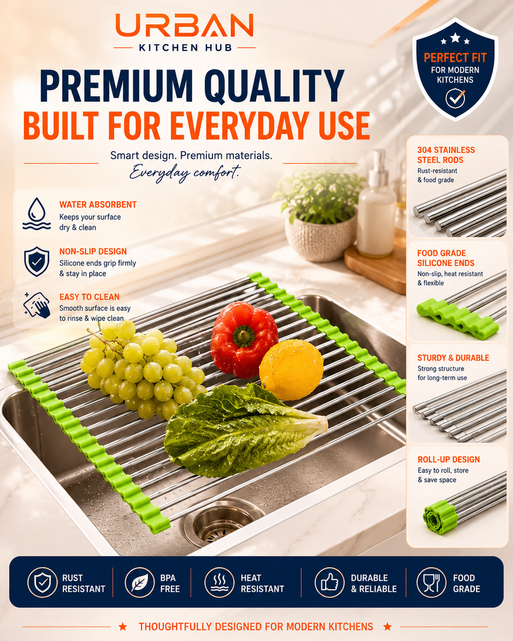 Premium Roll-Up Sink Drying Rack | Space Saving Over Sink Organizer | Dry, Drain & Protect