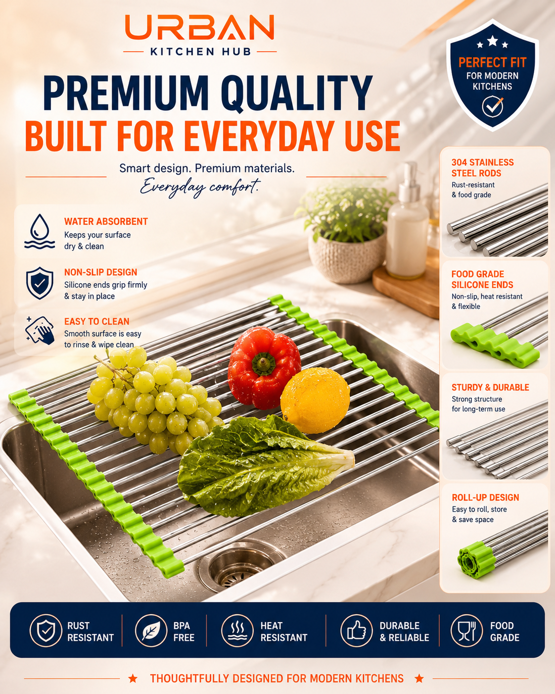 Premium Roll-Up Sink Drying Rack | Space Saving Over Sink Organizer | Dry, Drain & Protect