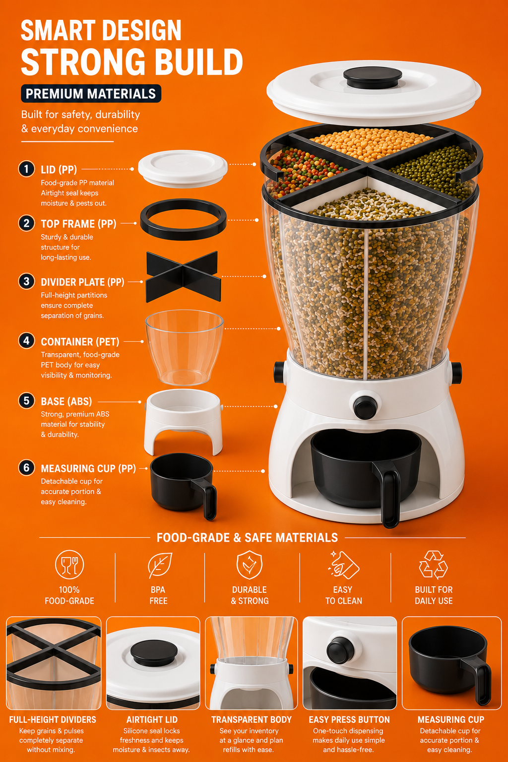 Smart 4-Section Grain Dispenser – One-Touch Dry Storage Organizer