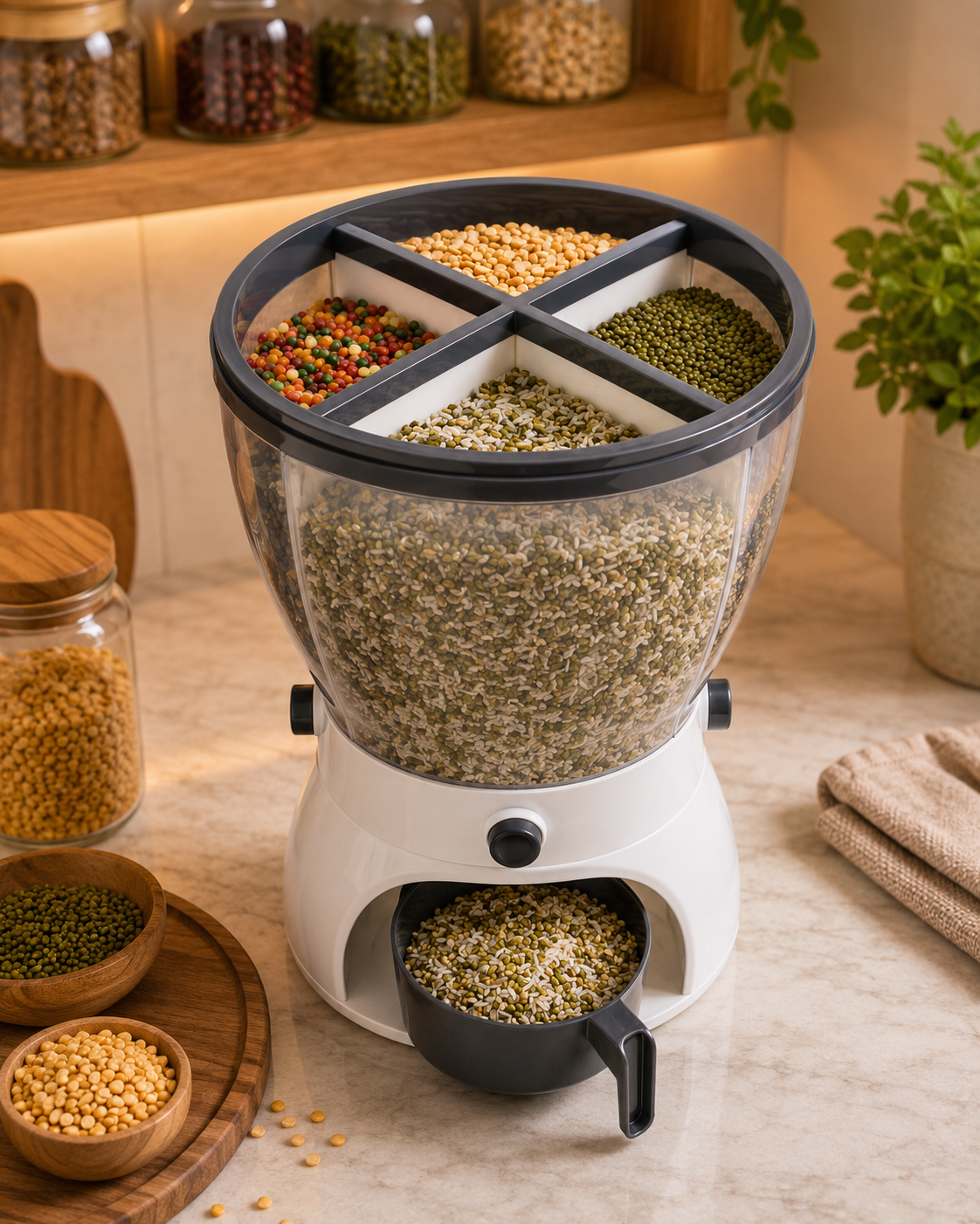 Smart 4-Section Grain Dispenser – One-Touch Dry Storage Organizer