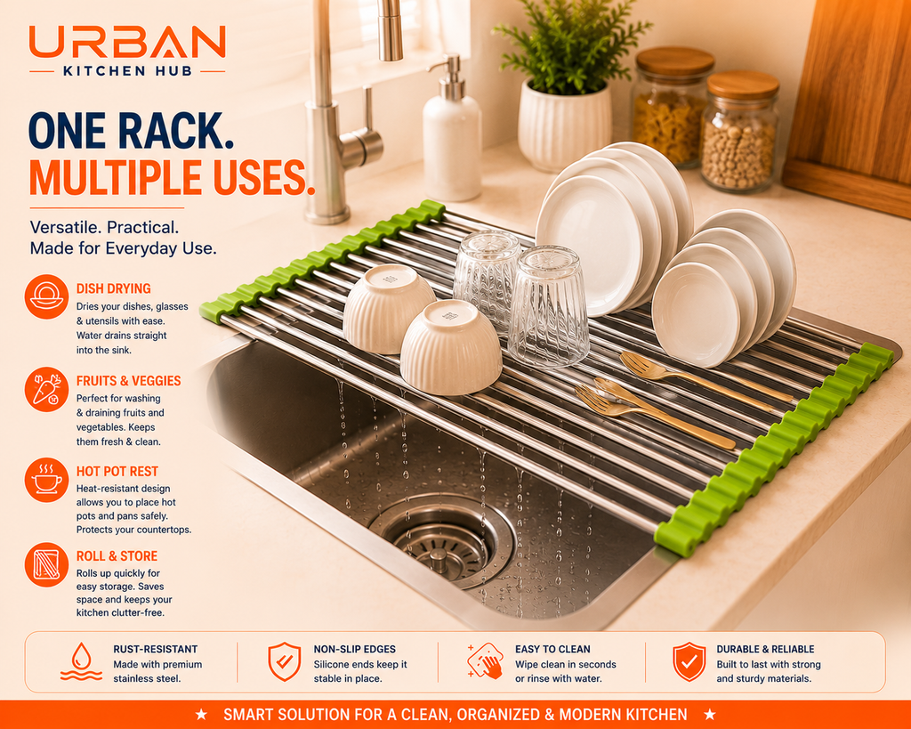 Premium Roll-Up Sink Drying Rack | Space Saving Over Sink Organizer | Dry, Drain & Protect