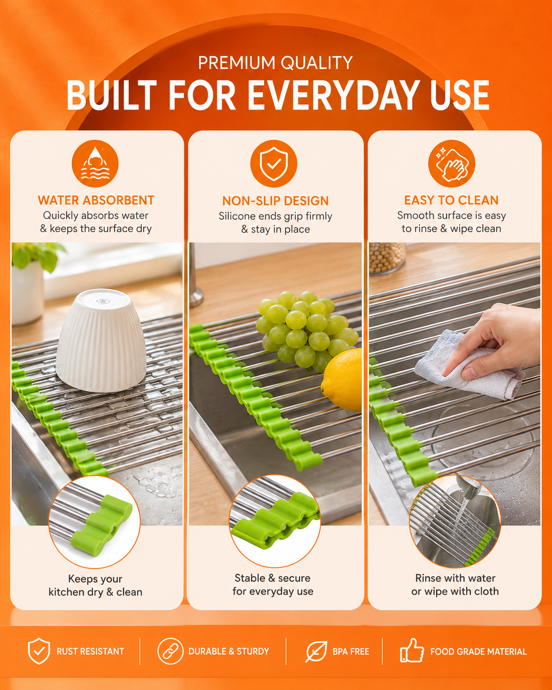Premium Roll-Up Sink Drying Rack | Space Saving Over Sink Organizer | Dry, Drain & Protect