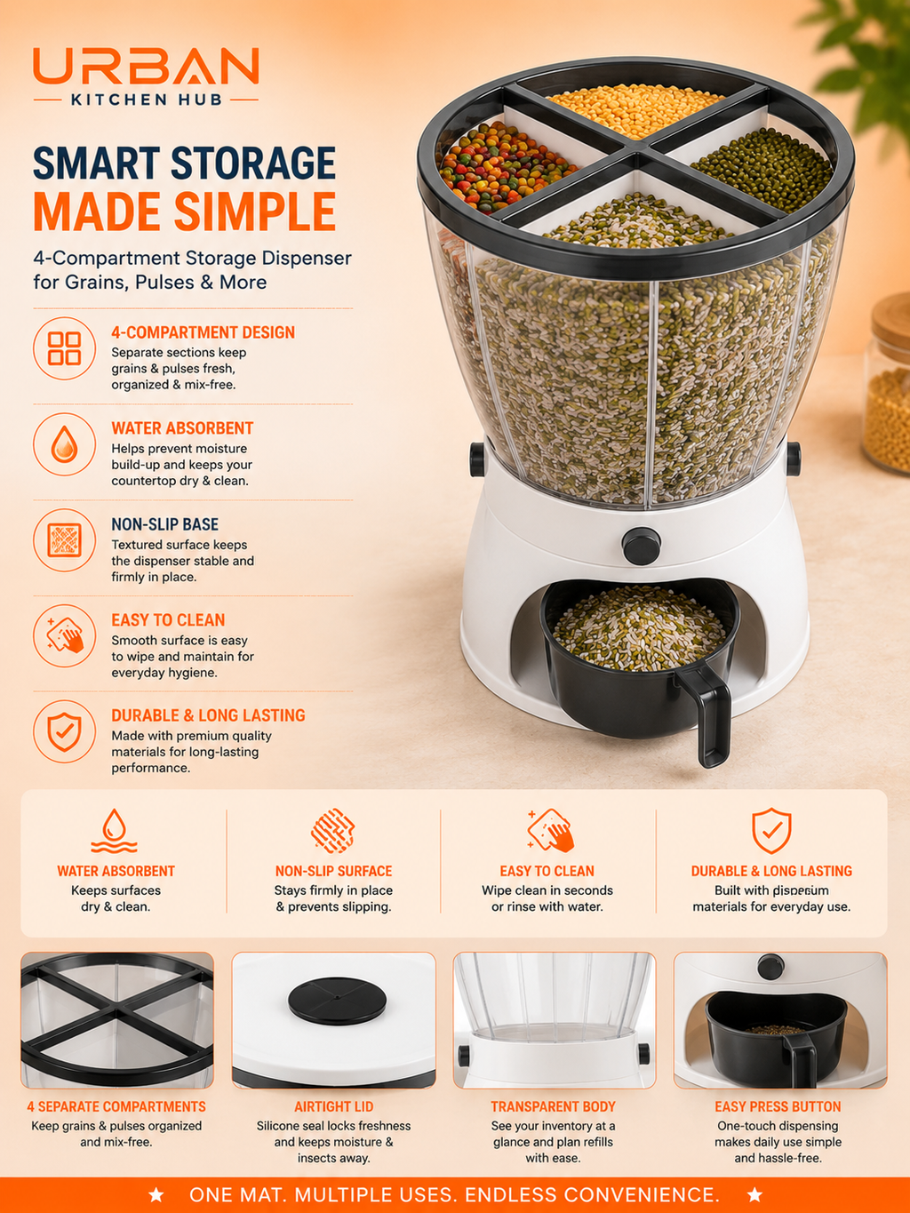 Smart 4-Section Grain Dispenser – One-Touch Dry Storage Organizer