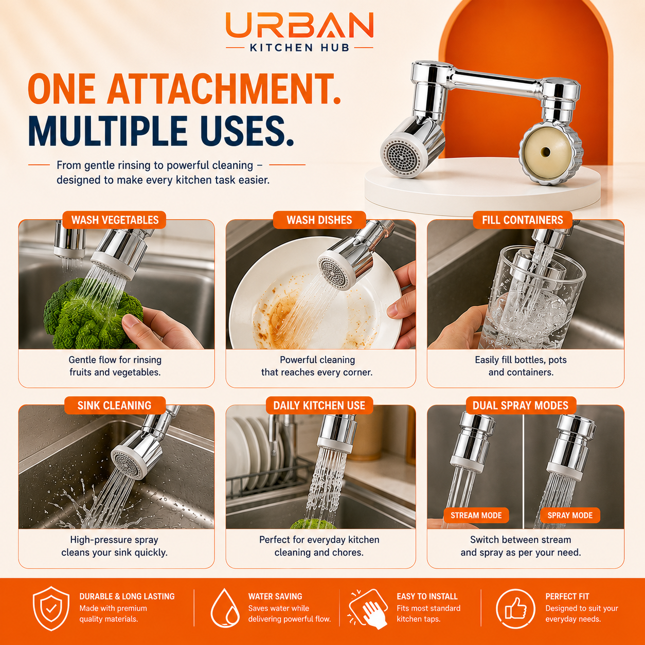 1080° Rotating Faucet Extender | Dual Spray Mode | Splash-Free Water Flow