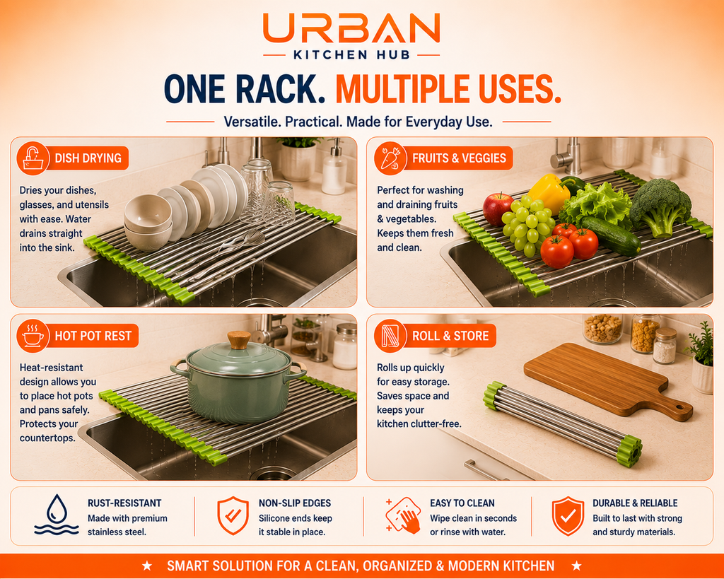 Premium Roll-Up Sink Drying Rack | Space Saving Over Sink Organizer | Dry, Drain & Protect