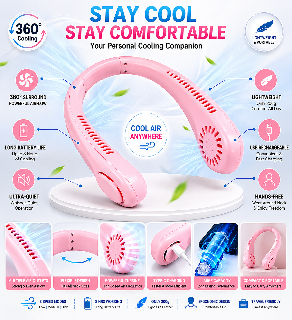 0616 Portable Neck Fan Holiday Hands Free Bladeless Neck Fan 360 Cooling Hanging Fan Usb Rechargeable Personal Neck Fan Wearable Neck Fan Suitable For Traveling