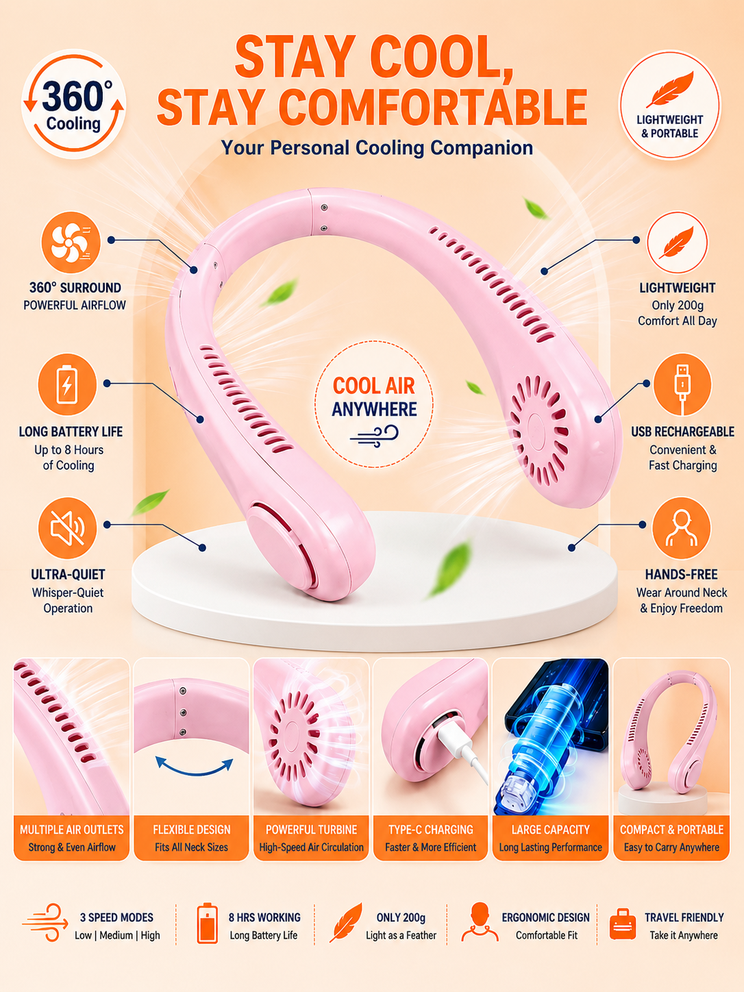 Premium Portable & Hands-Free Neck Fan (Rechargeable