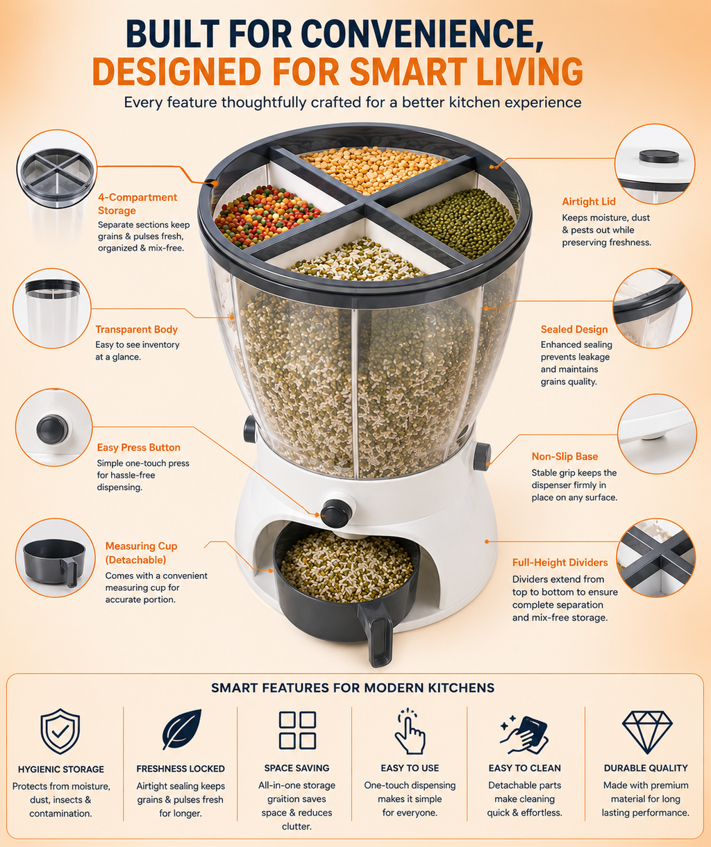 Smart 4-Section Grain Dispenser – One-Touch Dry Storage Organizer