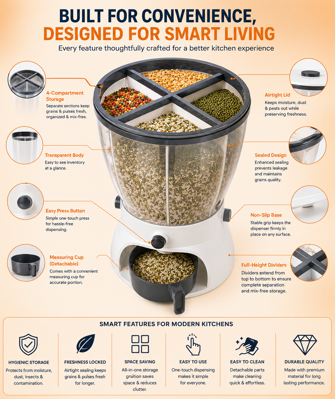 Smart 4-Section Grain Dispenser – One-Touch Dry Storage Organizer