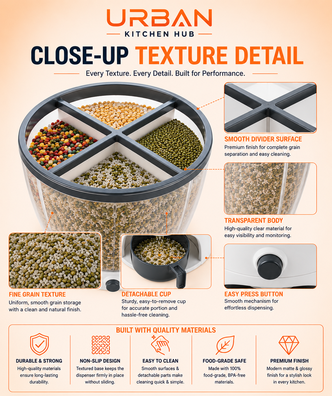 Smart 4-Section Grain Dispenser – One-Touch Dry Storage Organizer