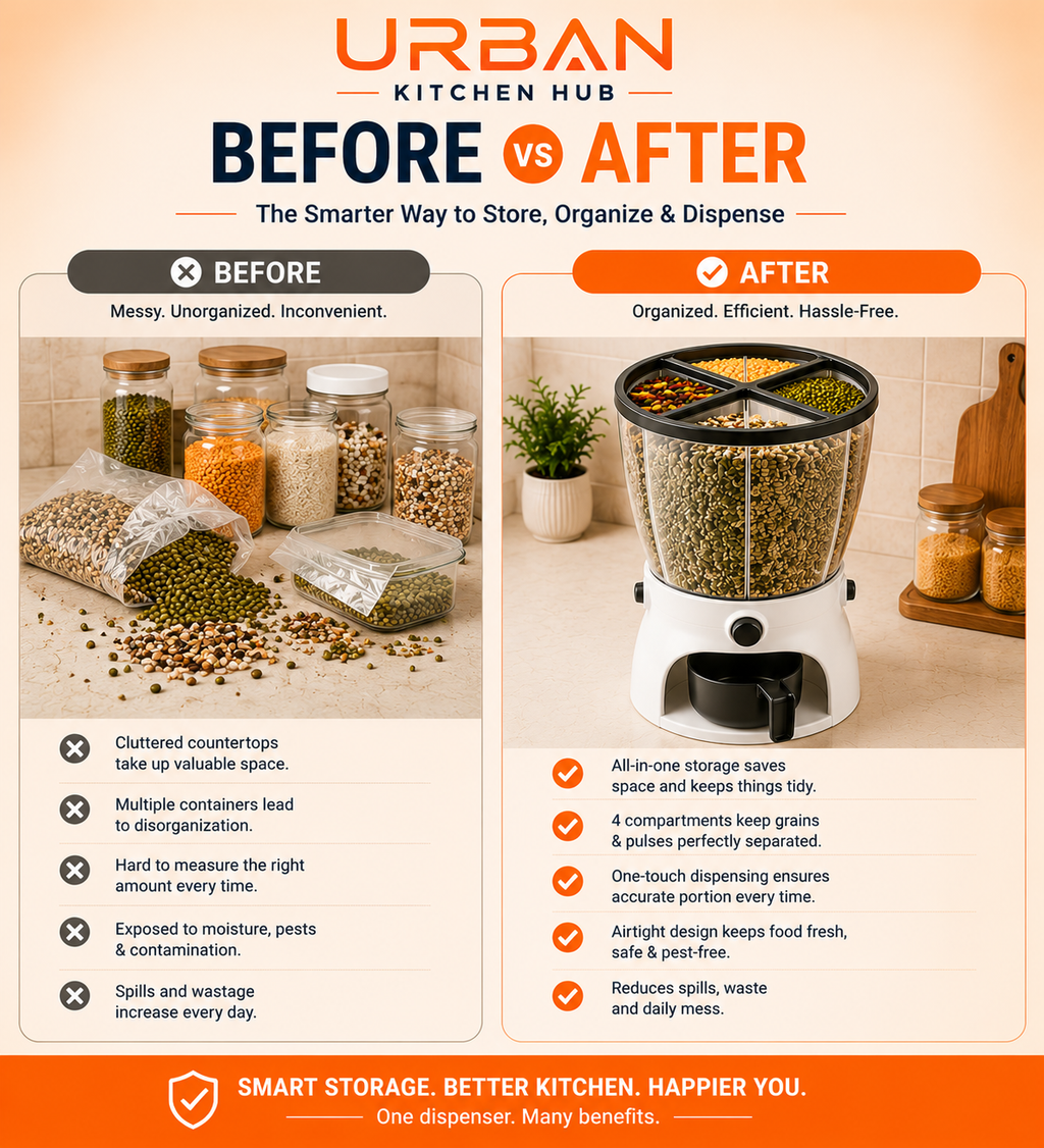 Smart 4-Section Grain Dispenser – One-Touch Dry Storage Organizer