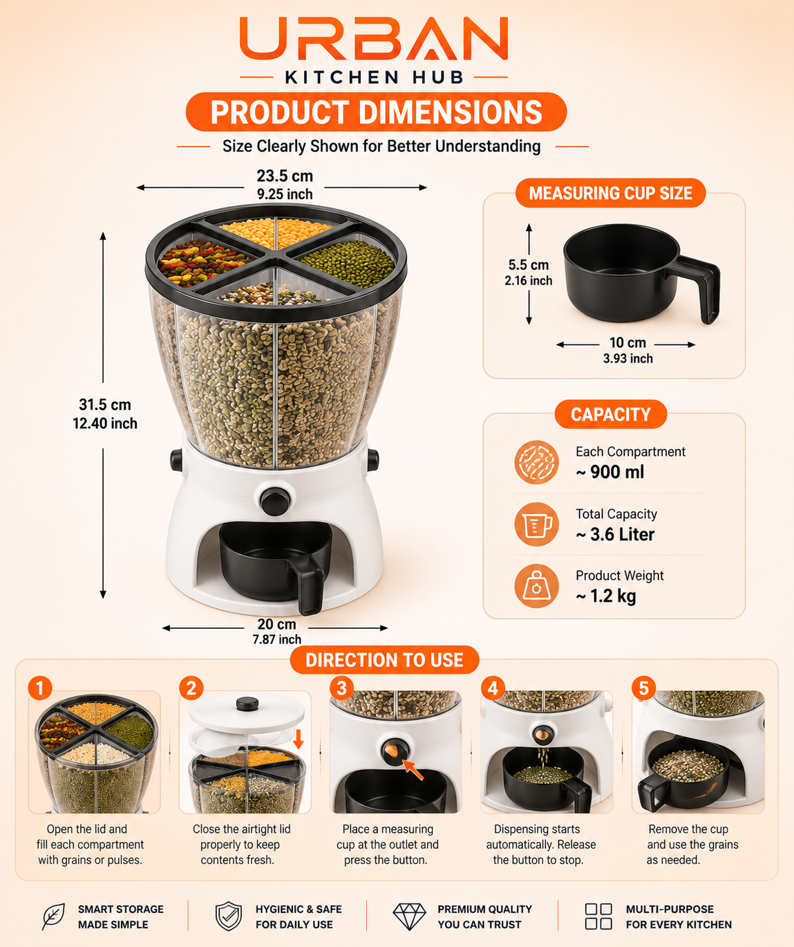 Smart 4-Section Grain Dispenser – One-Touch Dry Storage Organizer