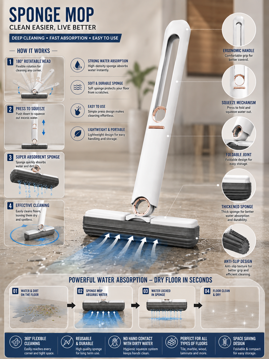 Hands-Free Self-Squeeze Mini Sponge Mop