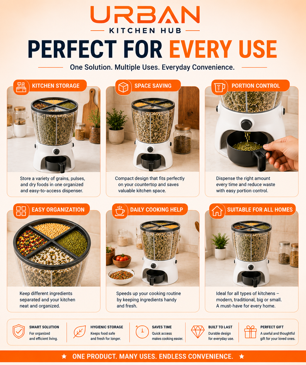 Smart 4-Section Grain Dispenser – One-Touch Dry Storage Organizer